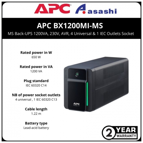 APC BX1200MI-MS Back-UPS 1200VA, 230V, AVR, 4 Universal & 1 IEC Outlets Socket