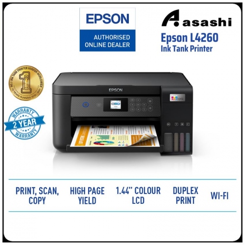 Epson L4260 Print Scan Copy, WiFi Direct, LCD, Duplex, Borderless, Black print speed 10.5 ipm, Color print speed 5 ipm, Printer