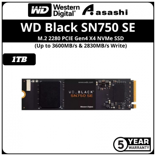 WD Black SN750SE 1TB M.2 2280 PCIE Gen4 X4 NVMe SSD - WDS100T1B0E (Up to 3600MB/s & 2830MB/s Write)
