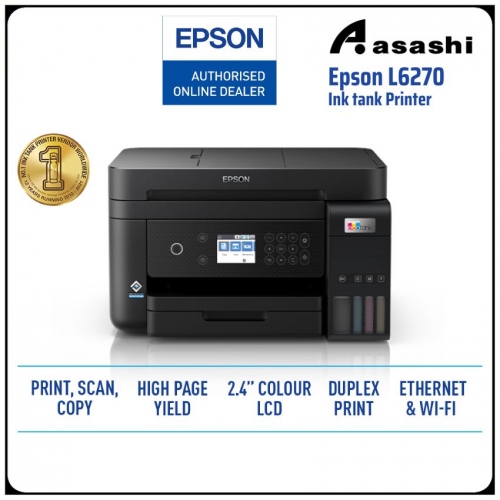 Epson L6270 Print Scan Copy, WiFi/WiFi Direct, Ethernet, ADF, LCD, Duplex, Borderless up to A4, Black/Color print speed 15.5/8.5 ipm, Pigment Black, Dye Color, Scan to Cloud Printer