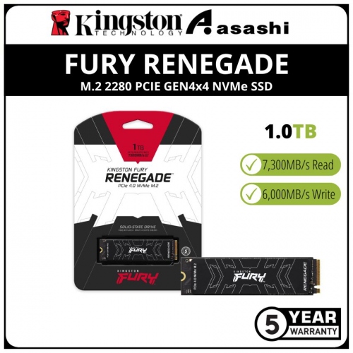 Kingston Fury Renegade 1TB M.2 2280 PCIE Gen4 x4 NVMe SSD (Up to 7300MB/s Read Speed & 6000MB/s Write Speed)