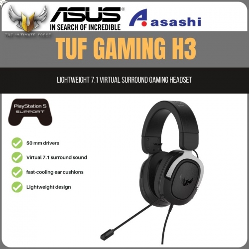 PROMO - ASUS TUF GAMING H3 (Silver) Lightweight 7.1 Virtual Surround Gaming Headset - 2Y