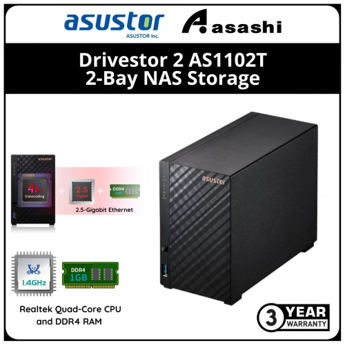 ASUSTOR Drivestor 2 AS1102T 2-Bay NAS Storage (Realtek RTD1296 Quad-Core 1.4 GHz CPU, 1GB DDR4, 2.5 GbE x1, USB 3.2 x2)