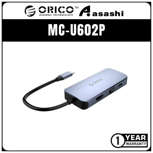 ORICO MC-U602P Aluminium 6 in 1 Type‐C Mutifunction Hub - PD3.0*1、USB3.0*3、RJ45*1、HDMI*1