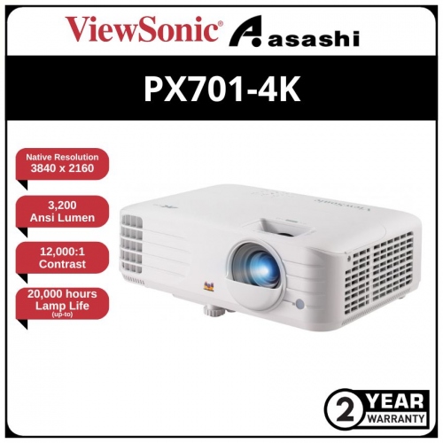 Viewsonic PX701-4K 3200Ansi Lumens, Resolution 3840x2160, Contrast Ratio 12000:1, DLP Projector (HDMI x2,AUX Input, Built in 10w speaker)