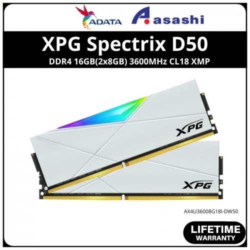 ADATA XPG Spectrix D50(new) White DDR4 16GB(2x8GB) 3600MHz CL18 XMP Support RGB Gaming PC RAM - AX4U36008G18I-DW50
