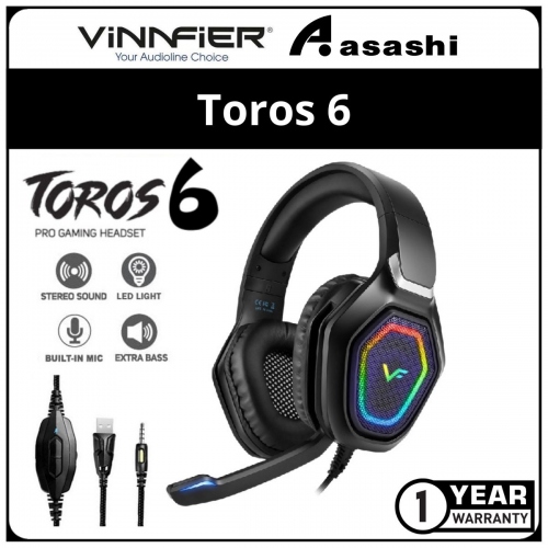 Vinnfier Toros 6-Black RGB Pro Gaming Headset Mic for Extra Bass Headphone (1Year Manufacturer Warranty)