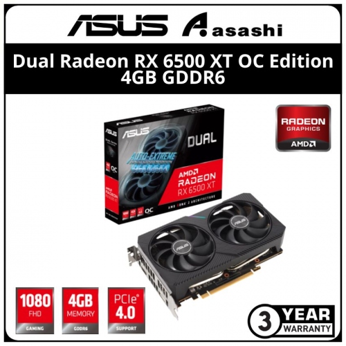 ASUS Dual Radeon RX 6500 XT OC Edition 4GB GDDR6 Graphic Card (DUAL-RX6500XT-O4G)