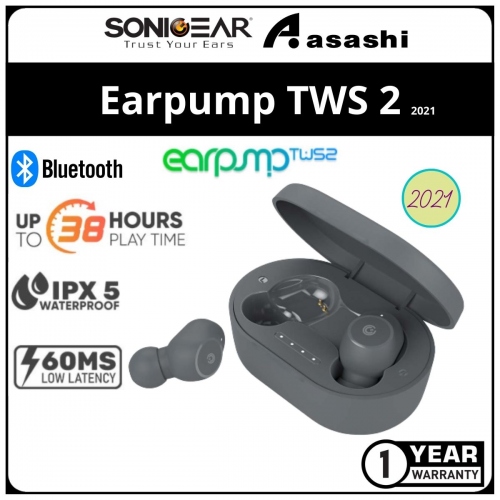 Sonic Gear Earpump TWS 2 (Grey) Wireless Bluetooth Earbuds | Playtime Up to 36 Hours | Low Latency | 1 Year Warranty
