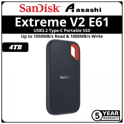 Sandisk E61 Extreme V2 Black 4TB USB3.2 Gen2 Type-C Portable SSD - SDSSDE61-4T00-G25 (Up to 1050MB/s Read Speed & 1000MB/s Write Speed)