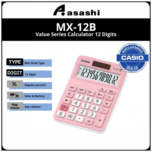 Casio Mini Desk MX-12B Calculator - Pink (12months Warrany) MUST KEEP BOX FOR WARRANTY