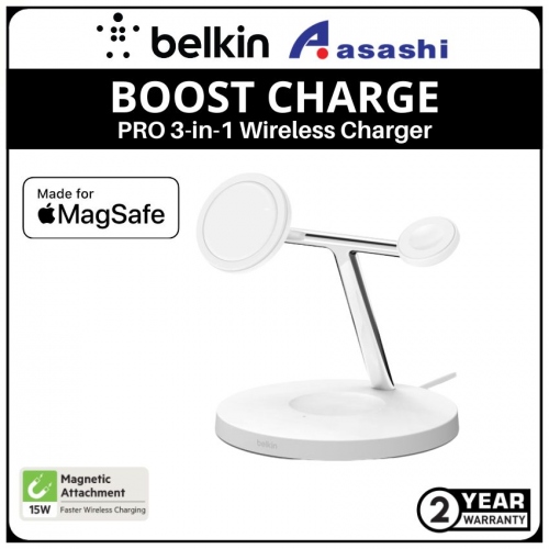 Belkin BOOST Charge PRO 3-in-1 Wireless Charger Stand With MagSafe - White