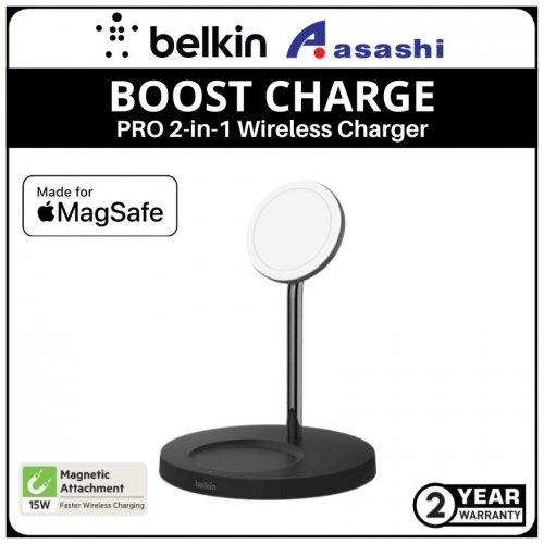 Belkin BOOST CHARGE PRO 2-in-1 Wireless Charger Stand with MagSafe 15W - Black