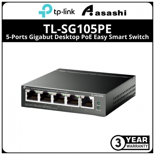 TP-Link TL-SG105PE 5-Ports Gigabut Desktop PoE Easy Smart Switch, 4× Gigabit PoE+ Ports, 1× Gigabit Non-PoE Ports, 65W PoE Power Supply.