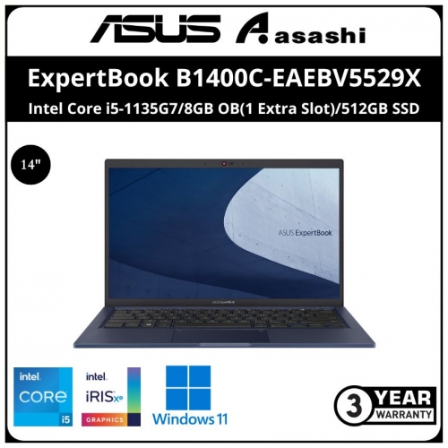 Asus ExpertBook B1400C Commercial Notebook-B1400C-EAEBV5529X-(Intel Core i5-1135G7/8GB OB(1 Extra Slot)/512GB SSD/14