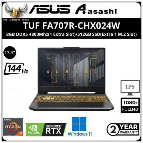 Asus TUF FA707R-CHX024W Gaming Notebook - (AMD Ryzen 7-6800H/8GB D5 4800Mhz(1 Extra Slot)/512GB SSD(Extra 1 M.2 Slot)/17.3