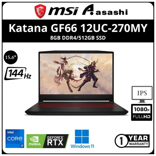 MSI Katana GF66 12UC-270MY Gaming Notebook (Intel Core i7-12700H/8G D4/512GB SSD/NV RTX3050 4GD6/15.6