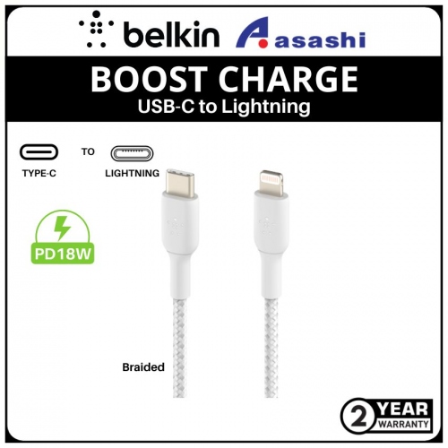 Belkin BOOST CHARGE Braided USB-C to Lightning Cable (1M , White)