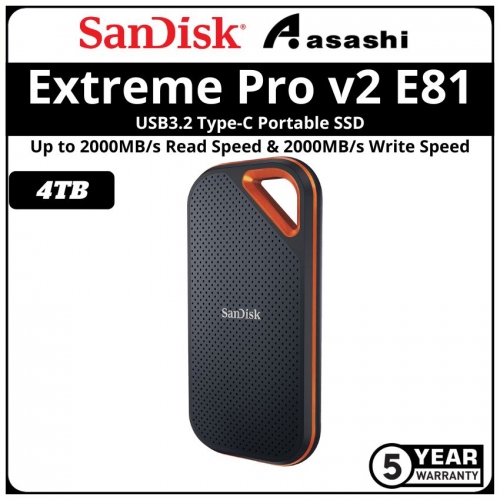 Sandisk E81 Extreme Pro v2 4TB USB3.2 Gen2x2 Type-C Portable SSD - SDSSDE81-4T00-G25 (Up to 2000MB/s Read Speed & 2000MB/s Write Speed)
