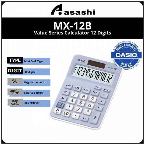 Casio MX-12B 12 Digits Calculator - Blue (12months Warrany) MUST KEEP BOX FOR WARRANTY
