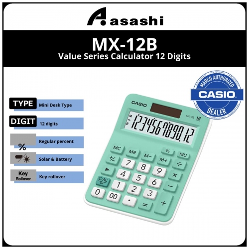 Casio MX-12B 12 Digits Calculator - Green (12months Warrany) MUST KEEP BOX FOR WARRANTY