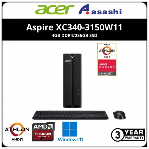 Acer Aspire XC340-3150W11 PC Desktop(AMD Athlon Silver 3150/4GB DDR4/256GB SSD/AMD Radeon Graphic/No-DVD DriveWifi+BT/Wireless Keyboard & Mouse/Office H&S/Win11Home/3years)