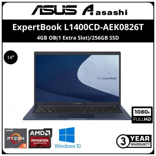 Asus ExpertBook Commercial Notebook-L1400CD-AEK0826T-(AMD Ryzen 3-3250U/4GB OB(1 Extra Slot)/256GB SSD/14
