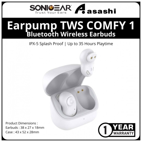 Sonic Gear Earpump TWS COMFY 1 (White) Bluetooth Wireless Earbuds with IPX-5 Splash Proof | Up to 35 Hours Playtime