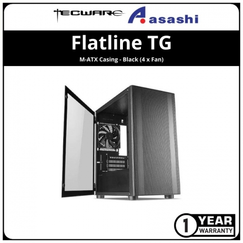 Tecware Flatline TG M-ATX Casing - Black (4 x Fan)