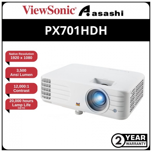 Viewsonic PX701HDH 3500Ansi Lumens, Resolution 1920x1080, Contrast Ratio 12000:1, DLP Projector (HDMI x2,VGA x1, Built in 2W speaker)