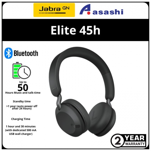 Jabra Elite 45H On-Ear Wireless Bluetooth Headset - Black (2 yrs Manufacturer Warranty)