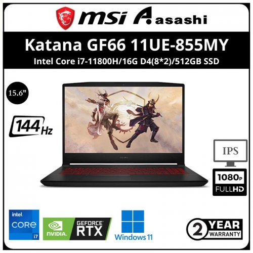 MSI Katana GF66 11UE-855MY Gaming Notebook (Intel Core i7-11800H/16G D4(8*2)/512GB SSD/NV RTX3060 6GD6/15.6