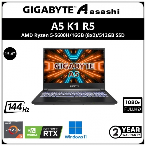Gigabyte A5 K1 R5 Gaming Notebook-A5-K1-AMY1130SB-(AMD Ryzen 5-5600H/16GB (8x2)/512GB SSD/Nvidia RTX3060 6GD6/15.6