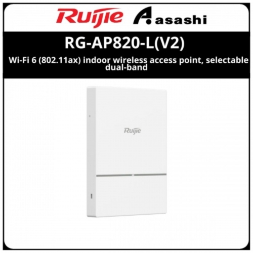Ruijie RG-AP820-L(V2) Wi-Fi 6 (802.11ax) indoor wireless access point, selectable dual-band (5G+5G or 2.4G+5G), up to 4 total spatial streams and maximum 2.4Gbps wireless throughput, 1 10/100/1000BASE-T uplink port, integrated with BLE, support PoE and local power supply; Bundled with Ruijie Cloud Service lifetime license(PoE and local power adapters are sold separately)