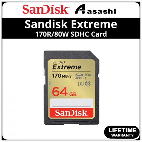 Sandisk (SDSDXV2-064G-GNCIN) Extreme 64GB UHS-I U3 V30 Class10 SDXC Card - Up to 170MB/s Read Speed,80MB/s Write Speed