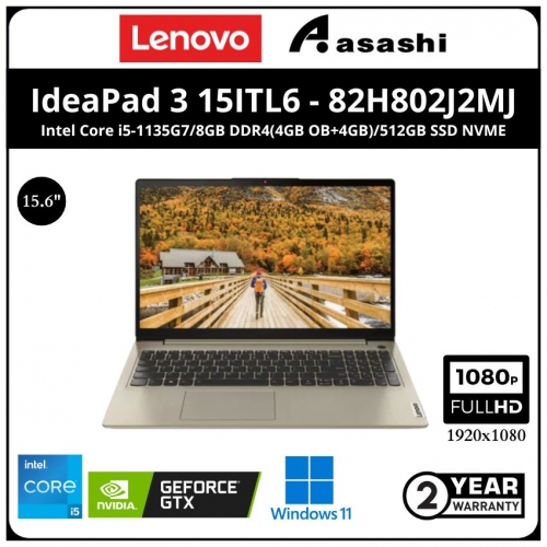 Lenovo IdeaPad 3 15ITL6 Notebook-82H802J2MJ-(Intel Core i5-1135G7/8GB DDR4(4GB OB+4GB)/512GB SSD NVME/Nvidia MX350 2GB Graphic/15.6