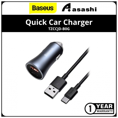 Baseus TZCCJD-B0G Golden Contactor Pro Dual Quick Charger Car Charger U+C 40W（With Baseus Simple Wisdom Data Cable Type-C to iP 1m Black - Dark Gray (1 year Manufacturer Warranty)