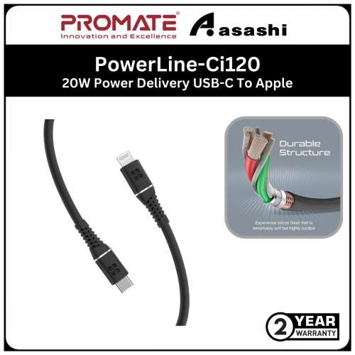 Promate PowerLine-Ci120 (Black) 20W Power Delivery USB-C To Apple® Lightning Connector Cable *MFi Certified*