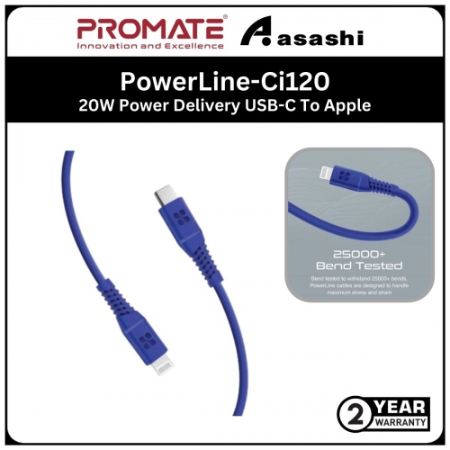 Promate PowerLine-Ci120 (Blue) 20W Power Delivery USB-C To Apple® Lightning Connector Cable *MFi Certified*