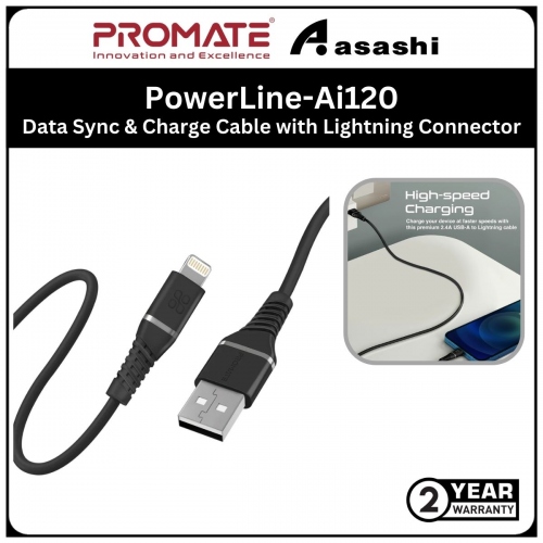 Promate PowerLine-Ai120 (Black) High Tensile Strength Data Sync & Charge Cable with Lightning Connector
*MFi Certified*
