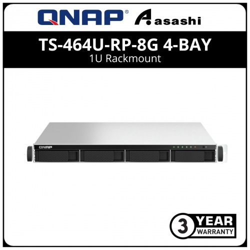 Qnap TS-464U-RP-8G 4-Bay 1U Rackmount with redundant power (Intel Celeron N5105/N5095 burst up to 2.9GHz Quad Core, 8GB(Max 16GB), 2 x 2.5 GbE, 2 x USB 3.2 Gen2, 2 x USB 2.0)