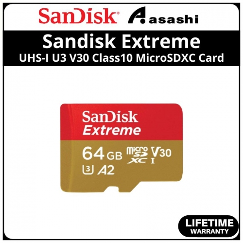 SanDisk (SDSQXAH-064-GN6MN) Extreme 64GB UHS-I U3 V30 Class10 MicroSDXC Card w/o adapter - Up to 170MB/s Read Speed,80MB/s Write Speed