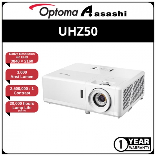 Optoma UHZ50 Smart+ 4K UHD HDR Laser, 3000 Lumens, 2,500,000:1 Contrast Ratio, 4K UHD 2160P, HDMI v2.0 x3 (HDCP 2.2, HLG, eARC, ARC & MEMC supported), USB-A 2.0 x3, RJ45x1, S/PDIF x1, Audio Out x1, 4-corner geometric, 2D Keystone & warping Control, Vertical Lens Shift, Super Ultra Wide 21:9/32:9 screen, HDR 10 Compatible, Built-in Media Player
