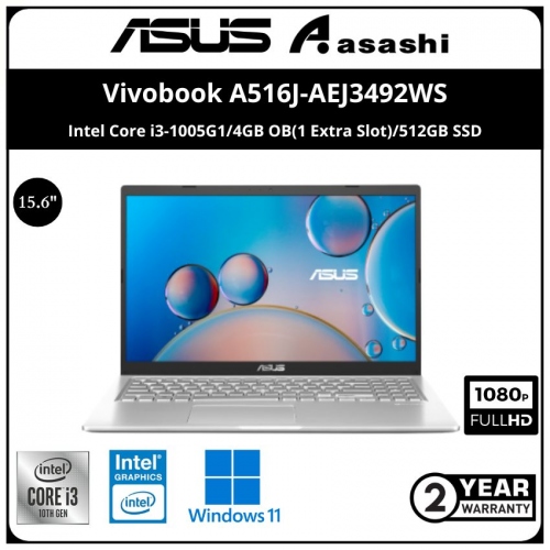 Asus Vivobook A516J-AEJ3492WS Notebook - (Intel Core i3-1005G1/4GB OB(1 Extra Slot)/512GB SSD/15.6