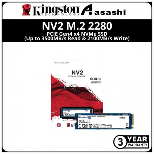 Kingston NV2 500GB M.2 2280 PCIE Gen4 x4 NVMe SSD (Up to 3500MB/s Read & 2100MB/s Write)
