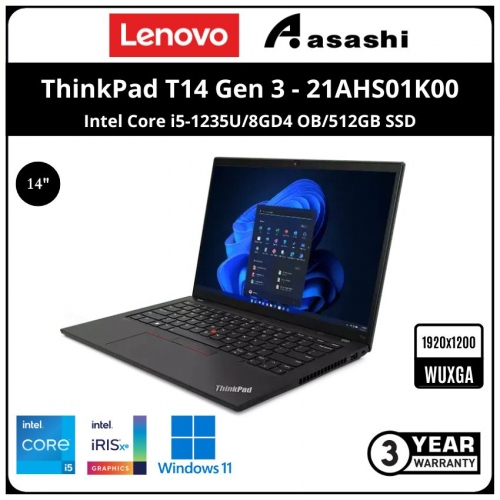 Lenovo ThinkPad T14 Gen 3 Commercial Notebook-21AHS01K00-(Intel Core i5-1235U/8GD4 OB/512GB SSD/14