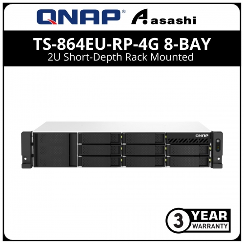 Qnap TS-864EU-RP-4G 8-Bay 2U Short-Depth Rack Mounted NAS Storage with redundant power (Intel Celeron N5105/N5095 burst up to 2.9GHz Quad Core, 4GB DDR4(1 Extra Slot) ,2 x USB 3.2 Gen2, 2 x USB 2.0 , 2 x 2.5 GbE)