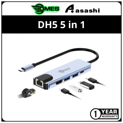 DMES DH5 5 in 1 Type-C to HDMI, RJ45, USB3.0, PD USB-C Hub Converter Adapter