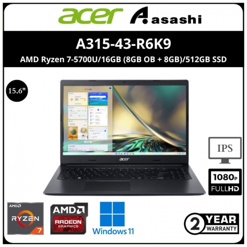 ACER A315-43-R6K9 Notebook (AMD Ryzen 7-5700U/16GB (8GB OB + 8GB)/512GB SSD/No ODD/15.6