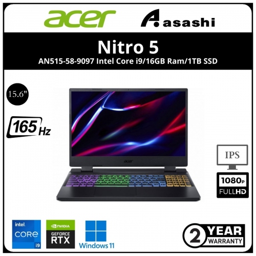 Acer Nitro 5 AN515-58-9097 Notebook (Intel Core i9-12900H/16GD5 4800mhz(8*2)/1TB NVMe SSD(1 extra M.2)/NV RTX3060 6GD6/15.6